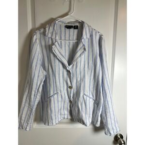 JNY Jones New York Linen Blue Striped Blazer Jacket Frayed Edges Women's‎